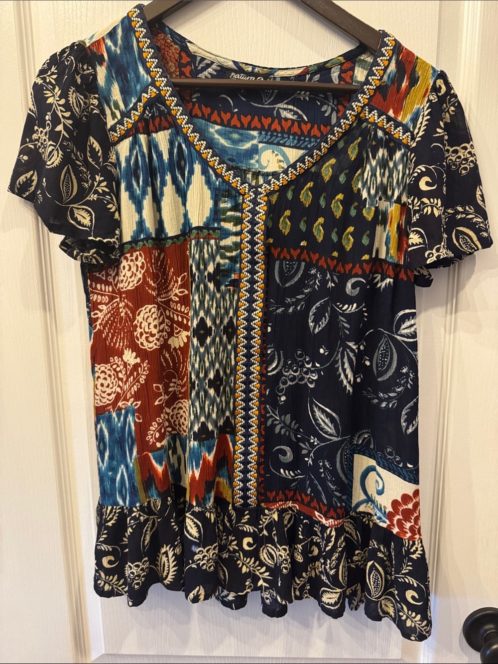 Patchwork Print Short Sleeve Tunic - Navy Multi